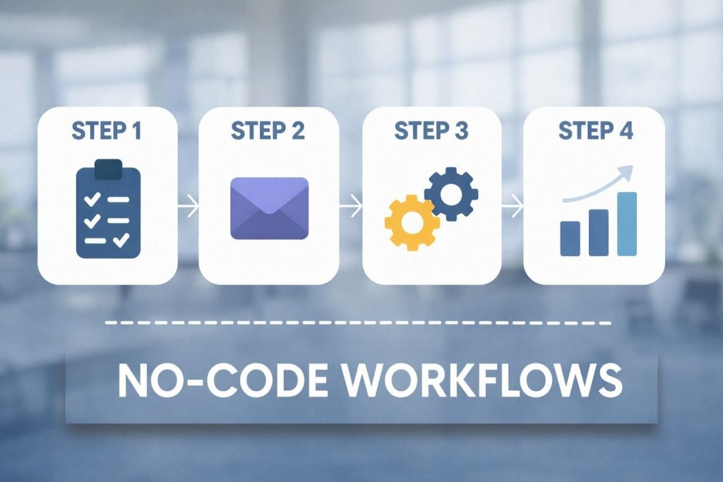 No-code and low-code workflows: accelerating hyperautomation in SaaS 3 Chart Graphique illustrating a multi-step no-code workflow connecting different SaaS applications