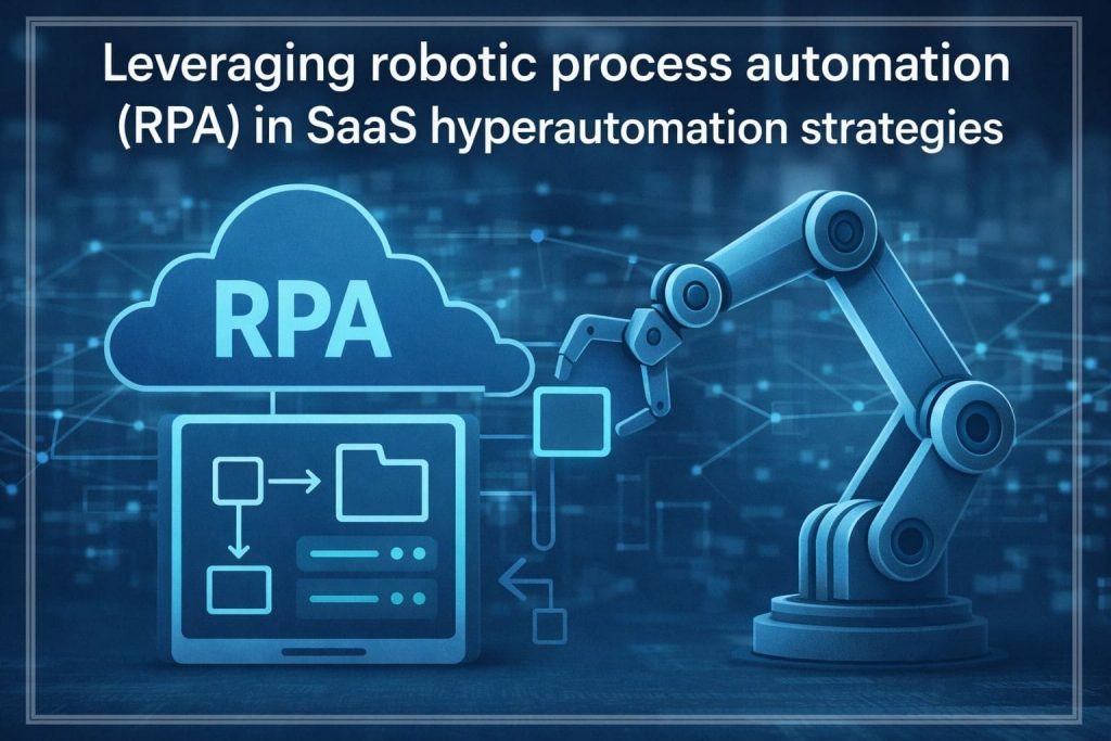 A robotic arm performing tasks on a cloud server interface, symbolizing automation in a SaaS environment