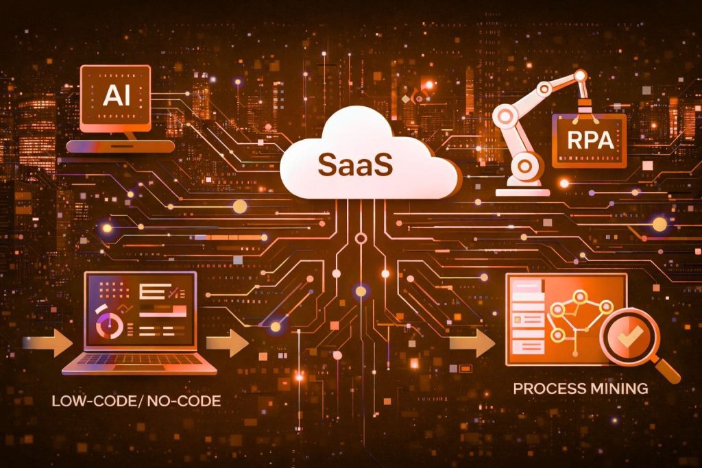 A digital illustration of interconnected systems and data flows, representing hyperautomation in a SaaS environment.