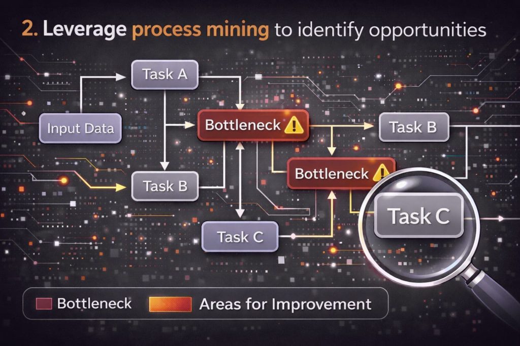 Chart Graphique illustrating a workflow diagram with highlighted bottlenecks identified through process mining.