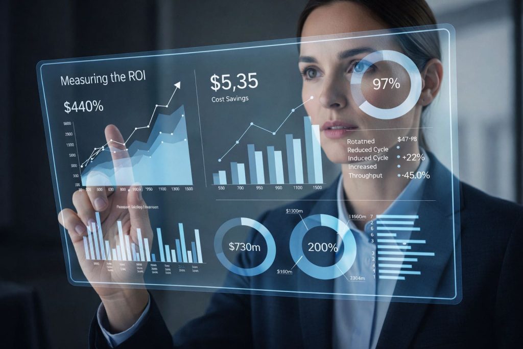 Measuring ROI of hyperautomation: success stories in SaaS 1 Visual of a business executive looking at a holographic dashboard displaying financial graphs and automation metrics