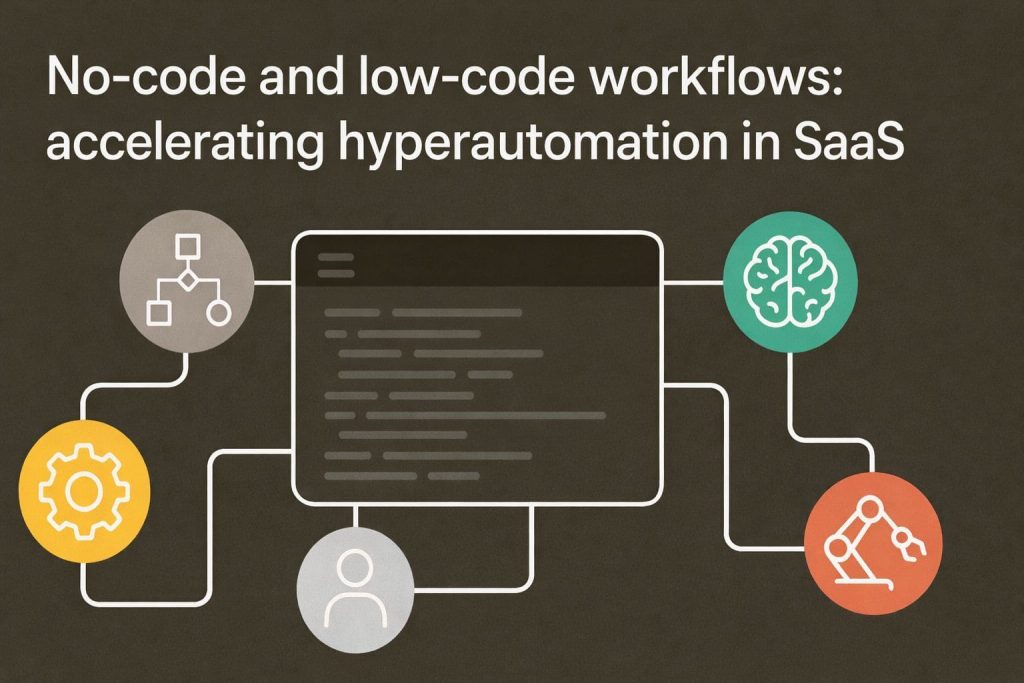 No-code and low-code workflows: accelerating hyperautomation in SaaS 1 Visual description of a digital dashboard showing interconnected workflow automation nodes