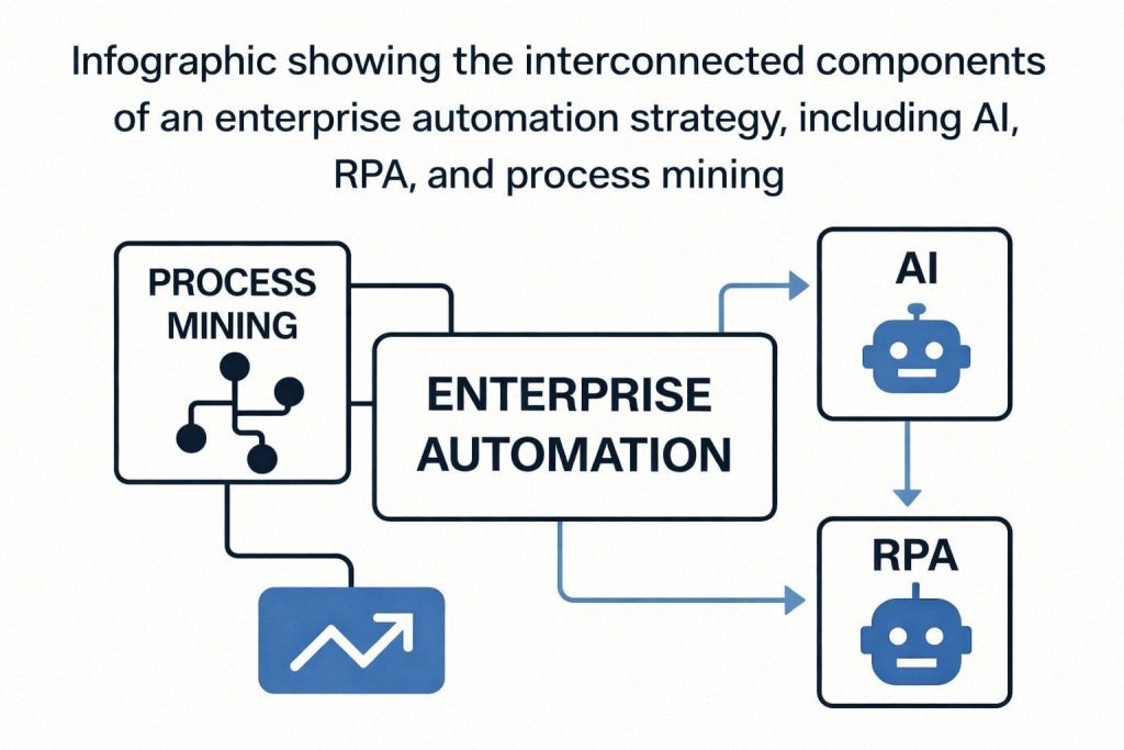 Measuring ROI of hyperautomation: success stories in SaaS 4 Infographic showing the interconnected components of an enterprise automation strategy, including AI, RPA, and process mining