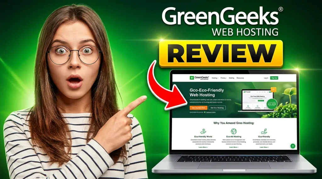 GreenGeeks review 2026 : The best hosting for freelancers ? (honest test) 1 Surprised woman promoting GreenGeeks hosting